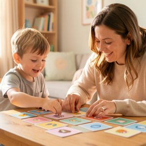 Une mère et son fils de cinq ans préparent ensemble une routine du matin à l’aide de pictogrammes colorés, dans un intérieur lumineux et chaleureux.
