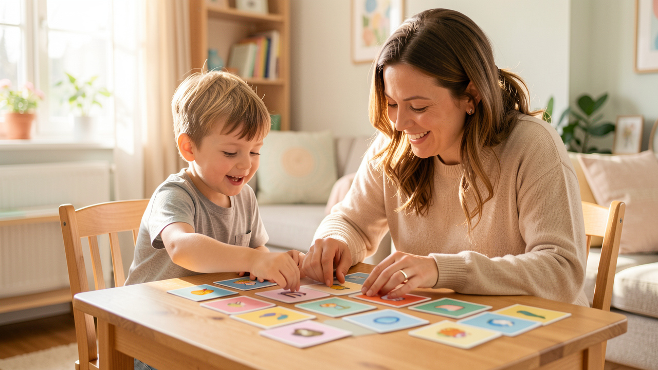 Une mère et son fils de cinq ans préparent ensemble une routine du matin à l’aide de pictogrammes colorés, dans un intérieur lumineux et chaleureux.