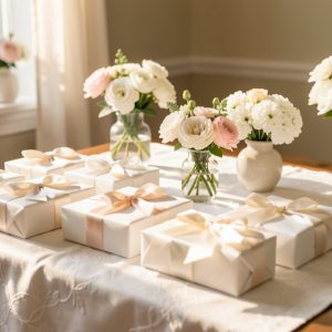Table élégante de baptême décorée de cadeaux raffinés emballés de rubans blancs, de fleurs douces et d’une ambiance familiale lumineuse.