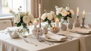 Table de baptême familiale élégante décorée de fleurs blanches, de dragées et éclairée par une lumière douce.