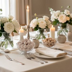 Table de baptême familiale élégante décorée de fleurs blanches, de dragées et éclairée par une lumière douce.