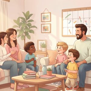 Une famille contemporaine diverse, composée de deux adultes et de trois enfants d’âges différents, échange chaleureusement autour d’un calendrier familial dans un salon lumineux.