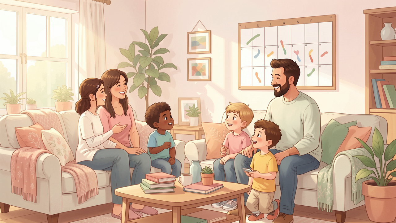 Une famille contemporaine diverse, composée de deux adultes et de trois enfants d’âges différents, échange chaleureusement autour d’un calendrier familial dans un salon lumineux.