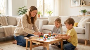 Une mère française et ses deux enfants rangent une tablette dans un salon lumineux avant de commencer un jeu de société.