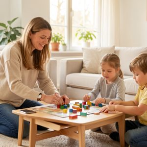 Une mère française et ses deux enfants rangent une tablette dans un salon lumineux avant de commencer un jeu de société.