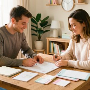 Un jeune couple de parents organise ensemble un calendrier familial et professionnel vierge sur une table en bois, dans une ambiance chaleureuse.