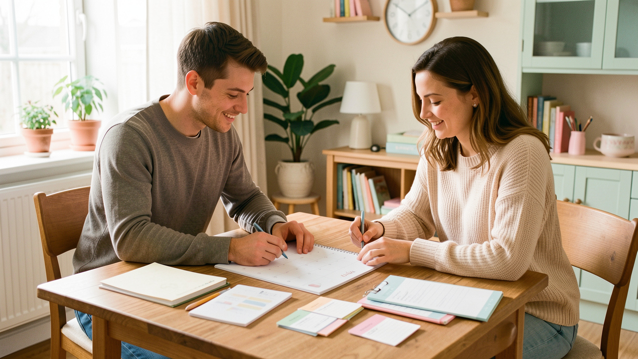 Un jeune couple de parents organise ensemble un calendrier familial et professionnel vierge sur une table en bois, dans une ambiance chaleureuse.