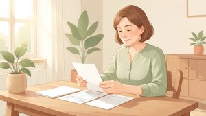 Illustration douce d’une mère consultant calmement des documents organisés liés à sa retraite, assise à une table dans une ambiance lumineuse et rassurante.
