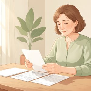 Illustration douce d’une mère consultant calmement des documents organisés liés à sa retraite, assise à une table dans une ambiance lumineuse et rassurante.