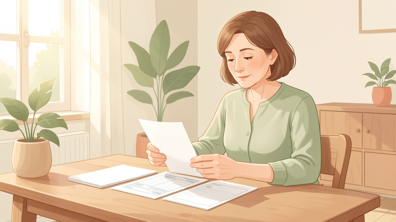 Illustration douce d’une mère consultant calmement des documents organisés liés à sa retraite, assise à une table dans une ambiance lumineuse et rassurante.