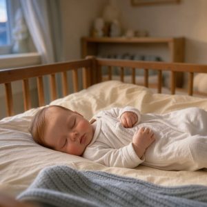 Bébé de quatre mois dormant paisiblement dans son berceau, dans une chambre douce éclairée par la lumière de l’aube.