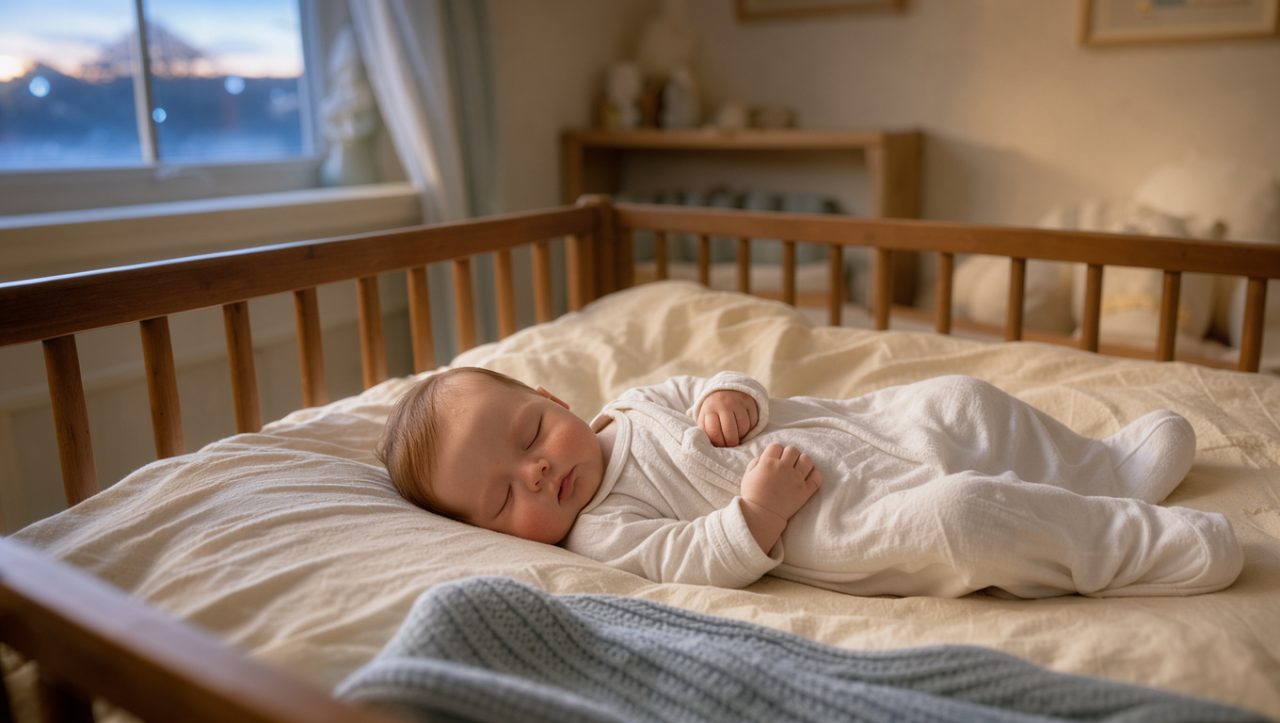 Bébé de quatre mois dormant paisiblement dans son berceau, dans une chambre douce éclairée par la lumière de l’aube.