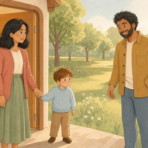 Une mère rassure doucement un jeune garçon réservé devant la porte de la maison, avec un père à leurs côtés et un parc lumineux en arrière-plan.