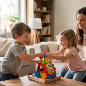 Un jeune frère et une jeune sœur se disputent doucement un jouet dans un salon familial, tandis qu’une mère calme les observe à proximité sous une lumière naturelle.