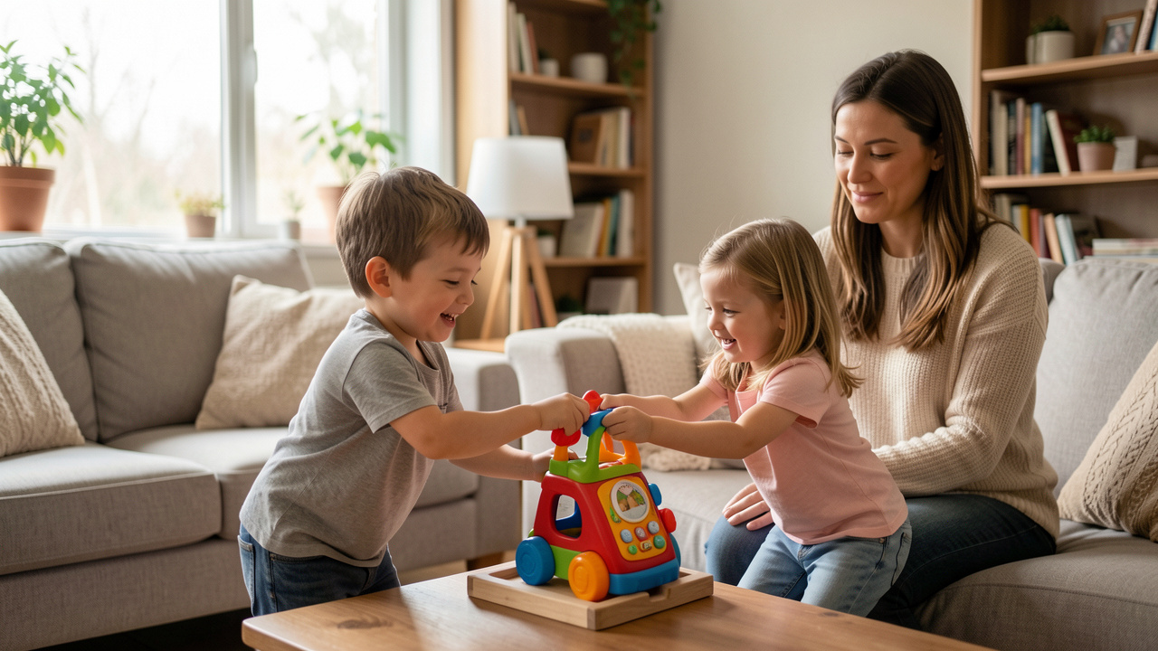Un jeune frère et une jeune sœur se disputent doucement un jouet dans un salon familial, tandis qu’une mère calme les observe à proximité sous une lumière naturelle.
