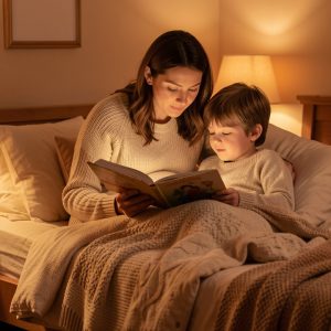 Une mère et son jeune fils préparent calmement le coucher dans une chambre chaleureuse à Dole, éclairée par une lumière tamisée, avec un livre ouvert.