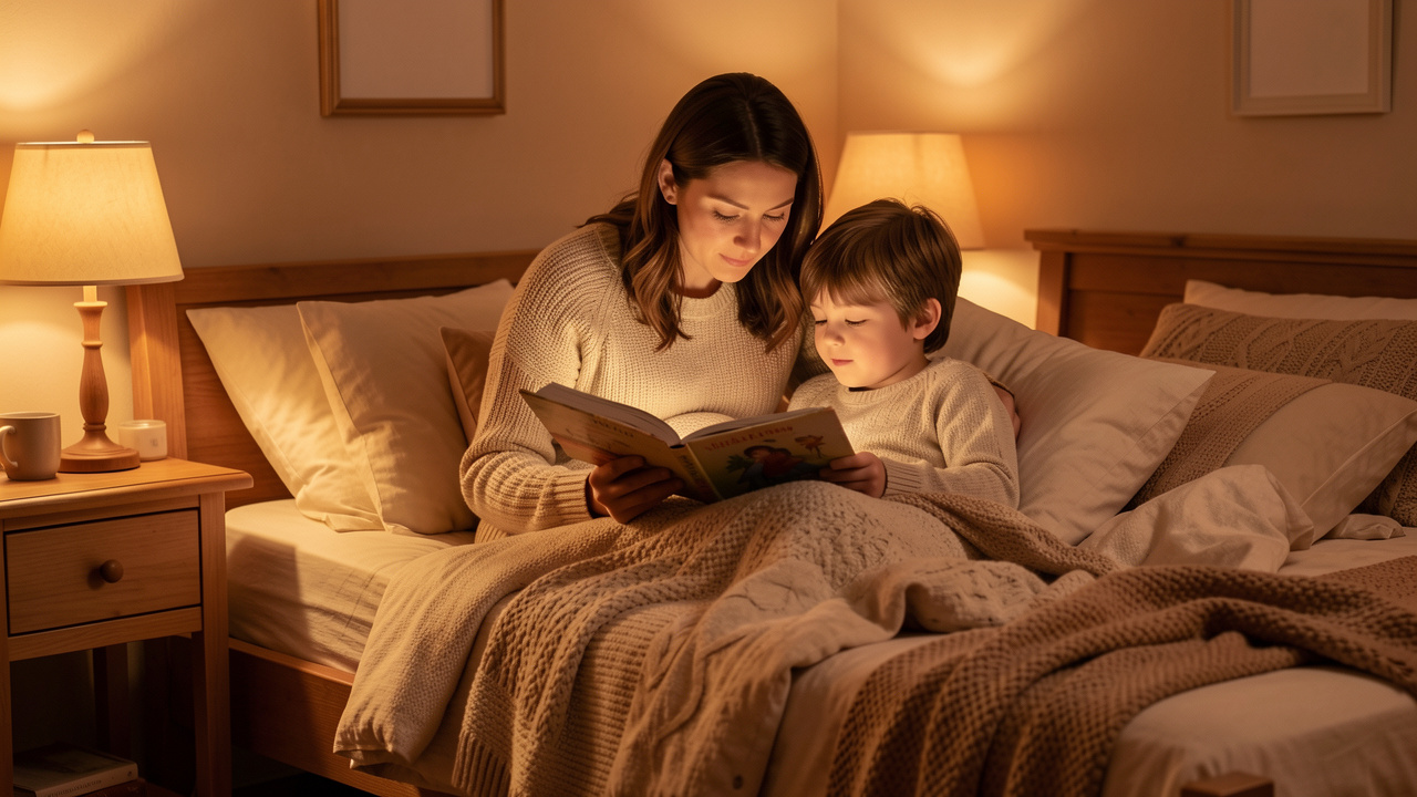 Une mère et son jeune fils préparent calmement le coucher dans une chambre chaleureuse à Dole, éclairée par une lumière tamisée, avec un livre ouvert.