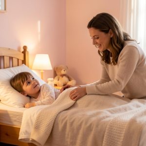 Une mère assise près du lit d’un tout-petit au moment du coucher, dans une chambre douce, lumineuse et sereine.